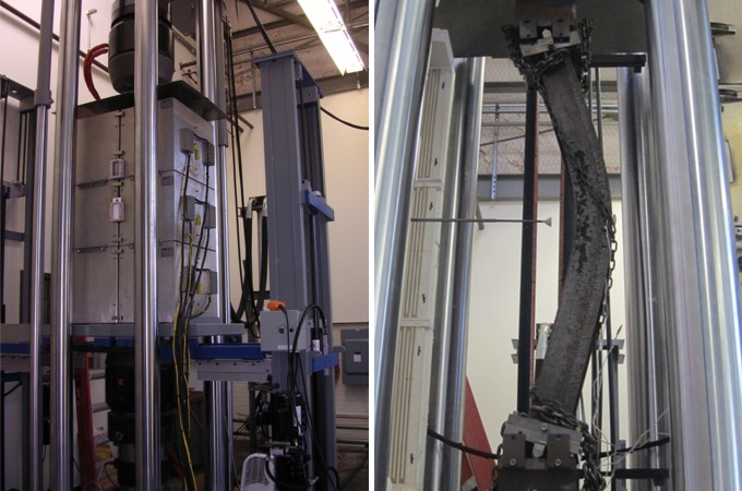 two photos of machine with column, right shows column buckling